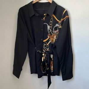 shein belted button front black and gold blouse